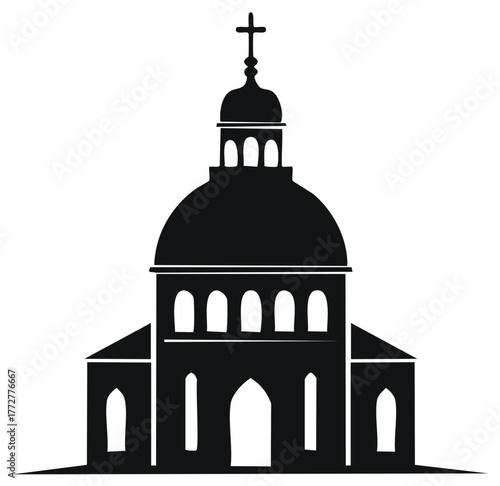 Black silhouette of a historic domed church building with a prominent cross icon on top