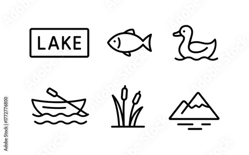 Minimalist lake icon set featuring fish, duck, boat, cattails, and mountain