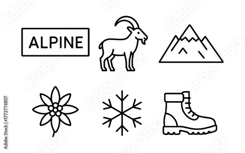 Minimalist alpine icons featuring goat, mountain, snowflake, and hiking boot