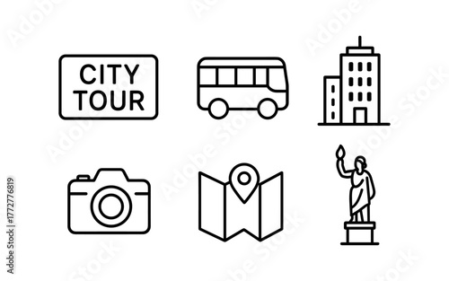 City tour line icons: bus, camera, map, landmark and more for travel design