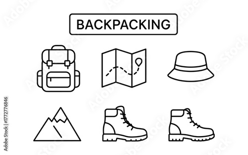 Essential backpacking icons: backpack, map, hat, mountains, boots in linear style