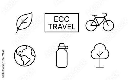 Minimalist eco travel symbols featuring nature, bicycle, earth, and more for environmentally conscious design