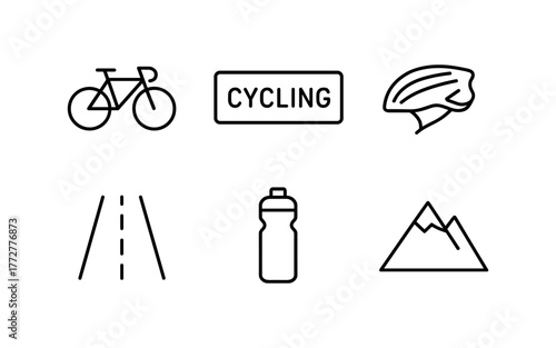 Cycling essentials: line art icons of bicycle, helmet, road, bottle, mountains