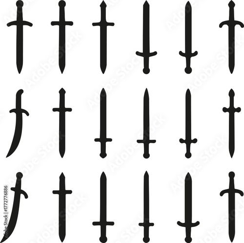 A collection of different sword and dagger silhouettes for weaponry design.