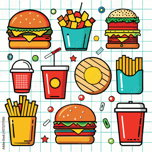 An illustration of various burger and fast-food items