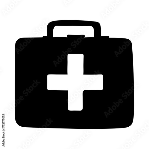 Black silhouette of first aid kit with medical cross, Simple black icon of a medical first aid kit with a cross symbol, representing emergency care, health, safety, and medical supplies.
