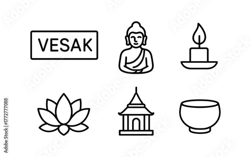 Linear vesak symbols: buddha, lotus, candle, temple, bowl icons