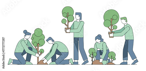 A group of people planting trees to promote environmental sustainability and conservation.