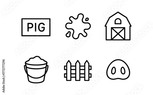 Farm icon set with pig, barn, and fence in outline style for agricultural design