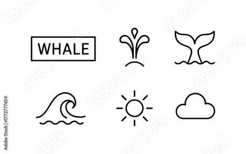 Minimalist ocean icons featuring whale elements and weather symbols