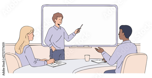 A presenter pointing at a blank screen during a meeting with colleagues.