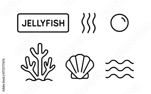 Minimalist ocean elements: jellyfish, coral, shell, waves, and symbols