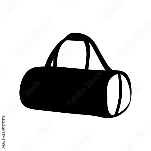 Black silhouette of duffel bag or gym bag icon, Simple black icon of a cylindrical duffel bag with handles, symbolizing travel, gym gear, sports, fitness, or personal belongings.

