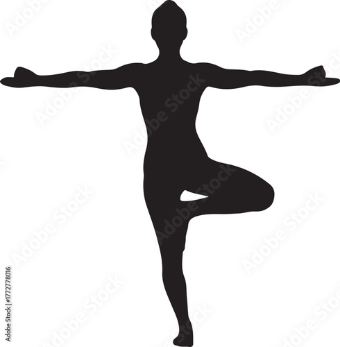 Silhouette of a woman performing the Tree Pose, a balancing yoga posture, showcasing flexibility and mindfulness in a simplified graphic representation