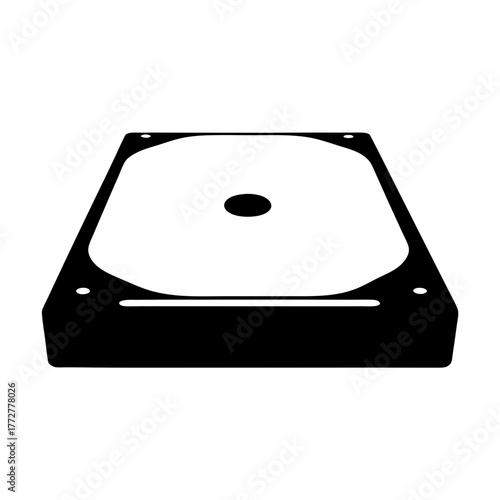 Black silhouette of computer hard drive icon, Simple black icon of an internal hard disk drive, symbolizing data storage, hardware, memory, computing, and digital information.
