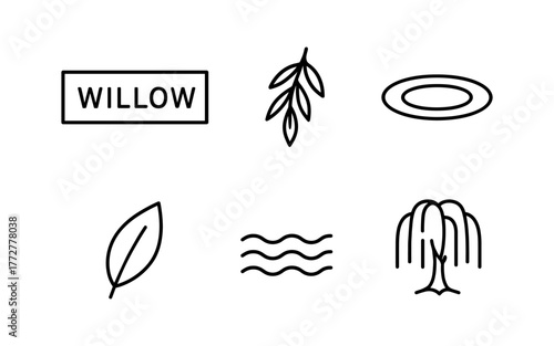 Minimalist willow icon set: nature symbols in clean line art style