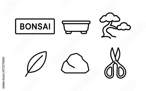 Bonsai icons: minimalist line art collection of trees, leaves, and tools