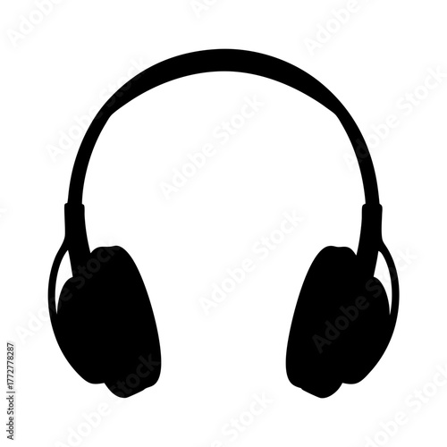 Sleek black headphones silhouette on white background for listening to music