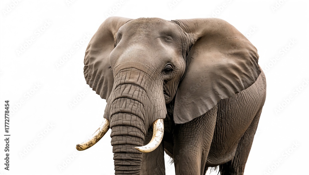 Obraz premium African elephant on a white backdrop, focus on wildlife preservation