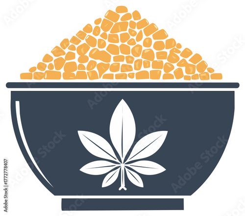 Vector icon of a bowl of hemp seeds or cereal with a cannabis sativa leaf logo