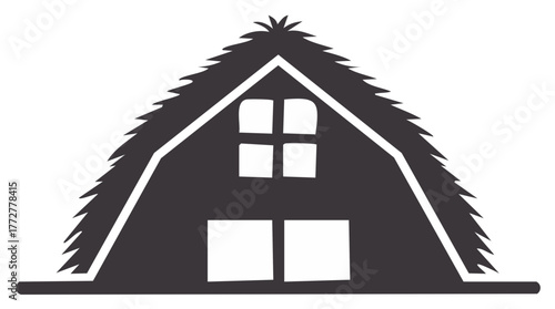 Simple Barn Icon with Thatch Roof and Windows Silhouette