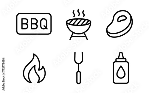Minimalist barbecue icons set featuring grill, steak, and condiments
