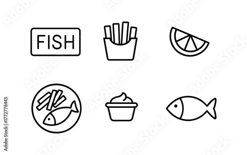 Minimalist black and white icons of fish and chips with lemon wedge