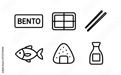 Minimalist icons of japanese bento elements with clear outline design