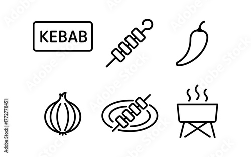 Linear icons: grilled kebab, barbecue, skewer and ingredients