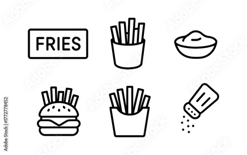 Minimalist icon set of french fries with condiments in black outline style
