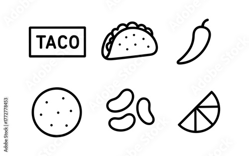 Minimalist taco icons with ingredients in black and white line art