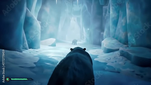 Bear Walking Through Blue Ice Cave with Cub