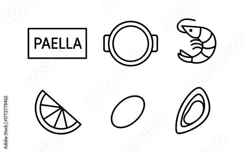 Minimalist paella ingredients: shrimp, lemon, mussel, pan, saffron