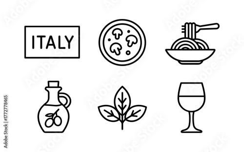 Italian cuisine icons: pizza, pasta, olive oil, basil, wine in linear style