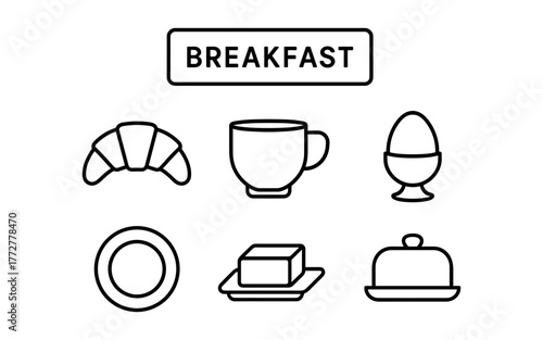 Minimalist breakfast icons featuring coffee, croissant, and more in black and white line art