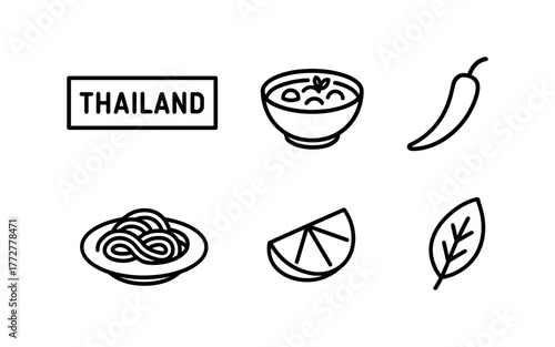 Thai cuisine icons: noodles, spices, and herbs in minimalist black line style