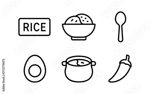 Simple line art of rice, bowl, spoon, avocado, pot, and chili pepper