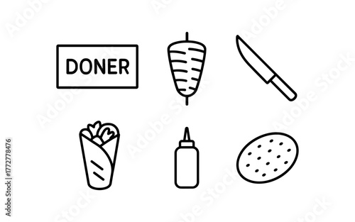 Doner kebab icon set with wrap, knife, and sauce bottle in linear style