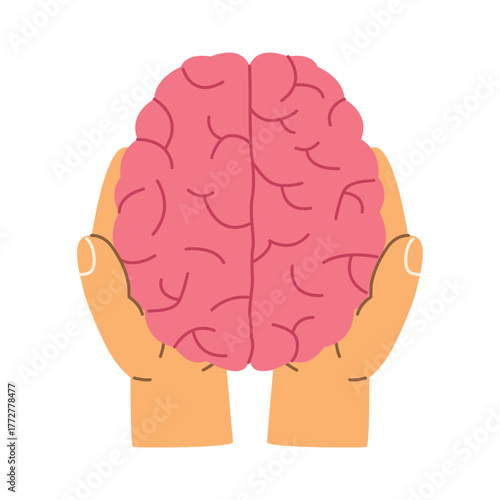hands gently holding a brain, symbolizing mental health, care, psychology, and knowledge