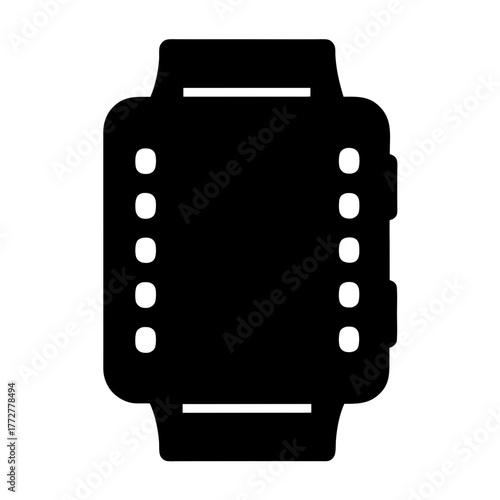 Simple black glyph icon of modern smartwatch technology with button details