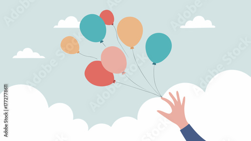 A minimalist illustration of a hand releasing a bunch of brightly colored balloons against a light sky with clouds