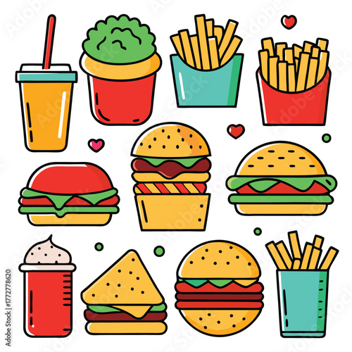 An illustration of various burger and fast-food items