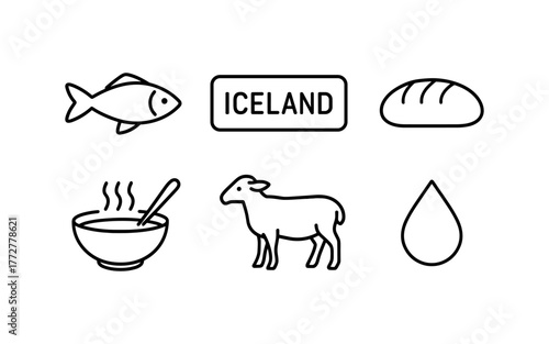 Icelandic food icons: fish, bread, soup, lamb, water drop in linear style