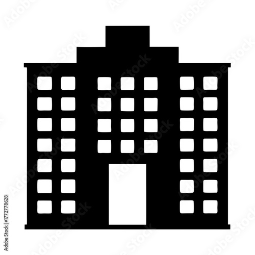 Black silhouette of multi-story building or hotel icon, Simple black icon of a tall building with multiple windows and a central entrance, symbolizing office, hotel, apartment, or city structure.
