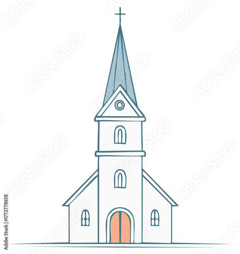 Hand drawn illustration of a traditional Christian church with a tall steeple and cross on top
