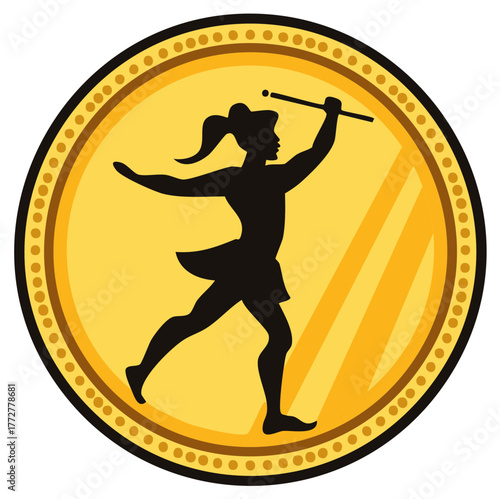 Baton twirling silhouette in a golden circle emblem, artistic rendition of a performing athlete with a gold medal.