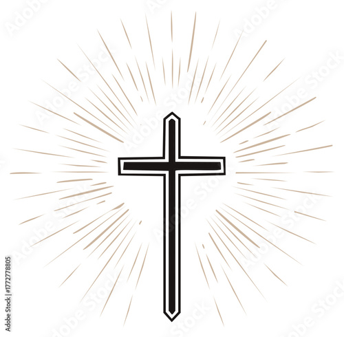 Christian Cross symbol with sunburst light rays spiritual illustration