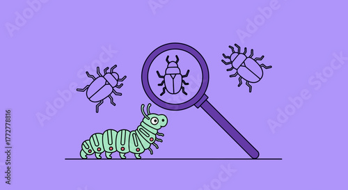 Illustrated garden pests under scrutiny against a light purple backdrop offering a conceptual study
