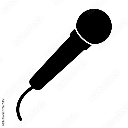 A classic dynamic microphone is represented in a simple black silhouette