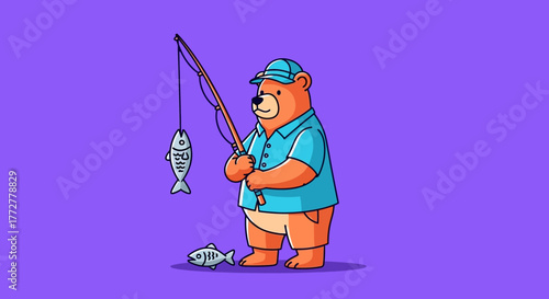 Whimsical illustration of a bear enjoying a fishing trip with his catches hanging and ground